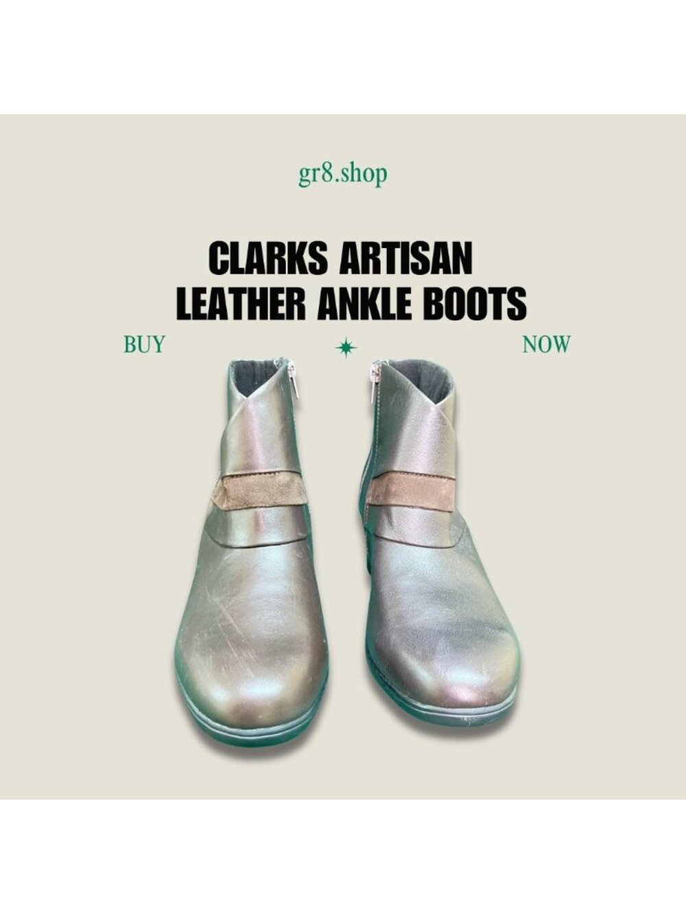 Clarks Artisan Womens Size 8 Metallic Leather Ankle Boots Block Heel Zipper